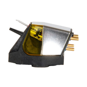 Turntable cartridge with gold and silver accents.