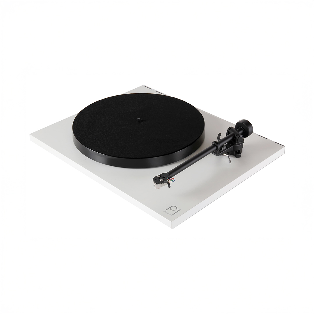 Modern minimalist turntable on white background