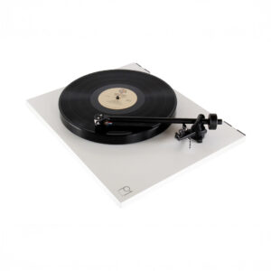 Turntable playing a vinyl record on white background.