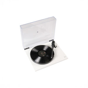 White turntable with a black vinyl record