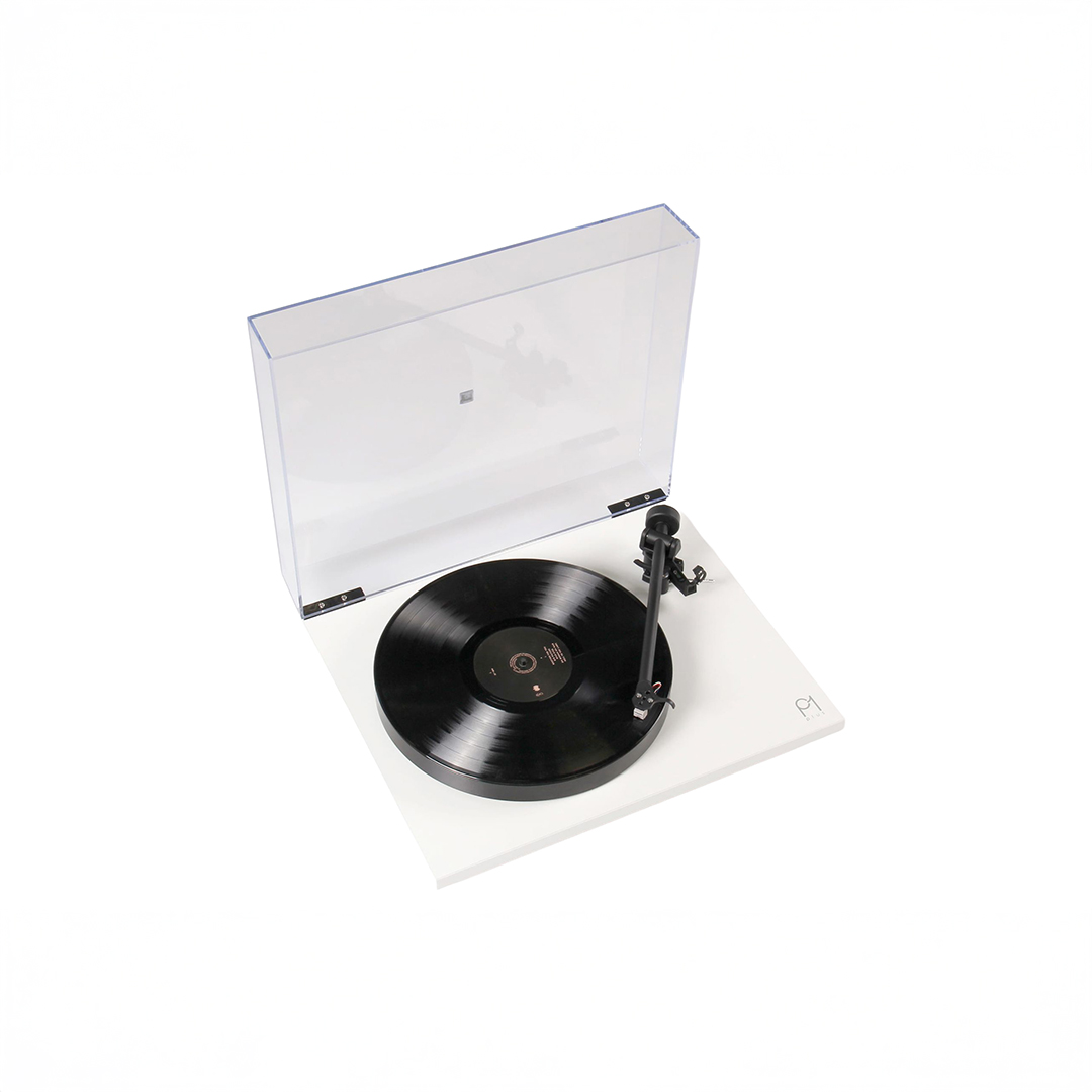 White turntable with a black vinyl record
