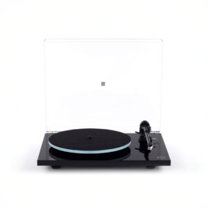 Modern black turntable with transparent dust cover.