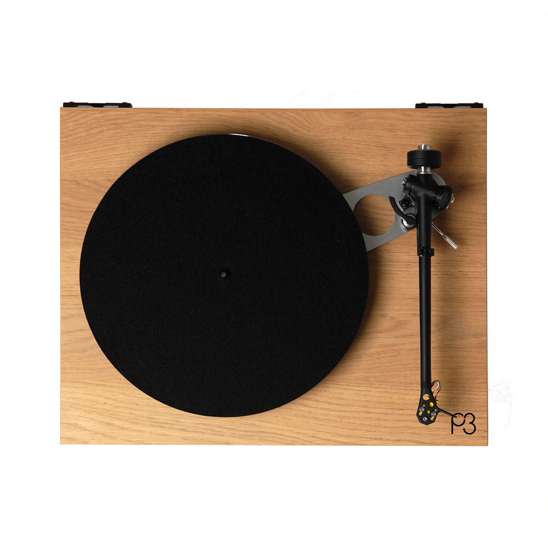 Top view of wooden turntable with black platter.
