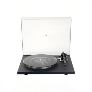 Modern turntable with clear lid open.