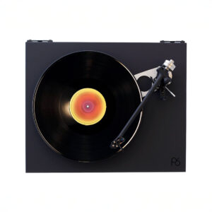 Vinyl record on turntable, top view.