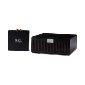 Rel audio equipment, black subwoofer and unit.