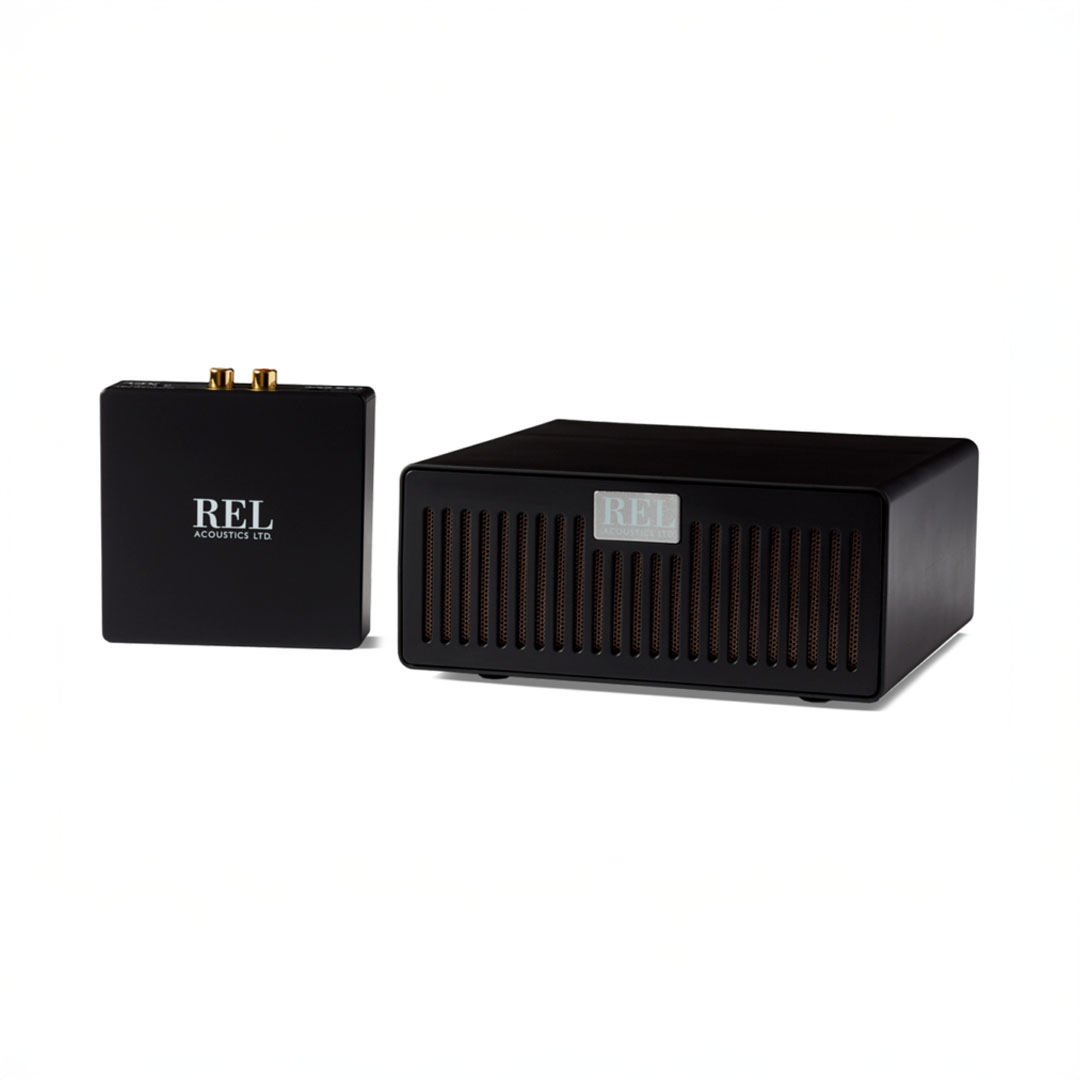 Rel audio equipment, black subwoofer and unit.