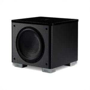 Black subwoofer speaker on white background