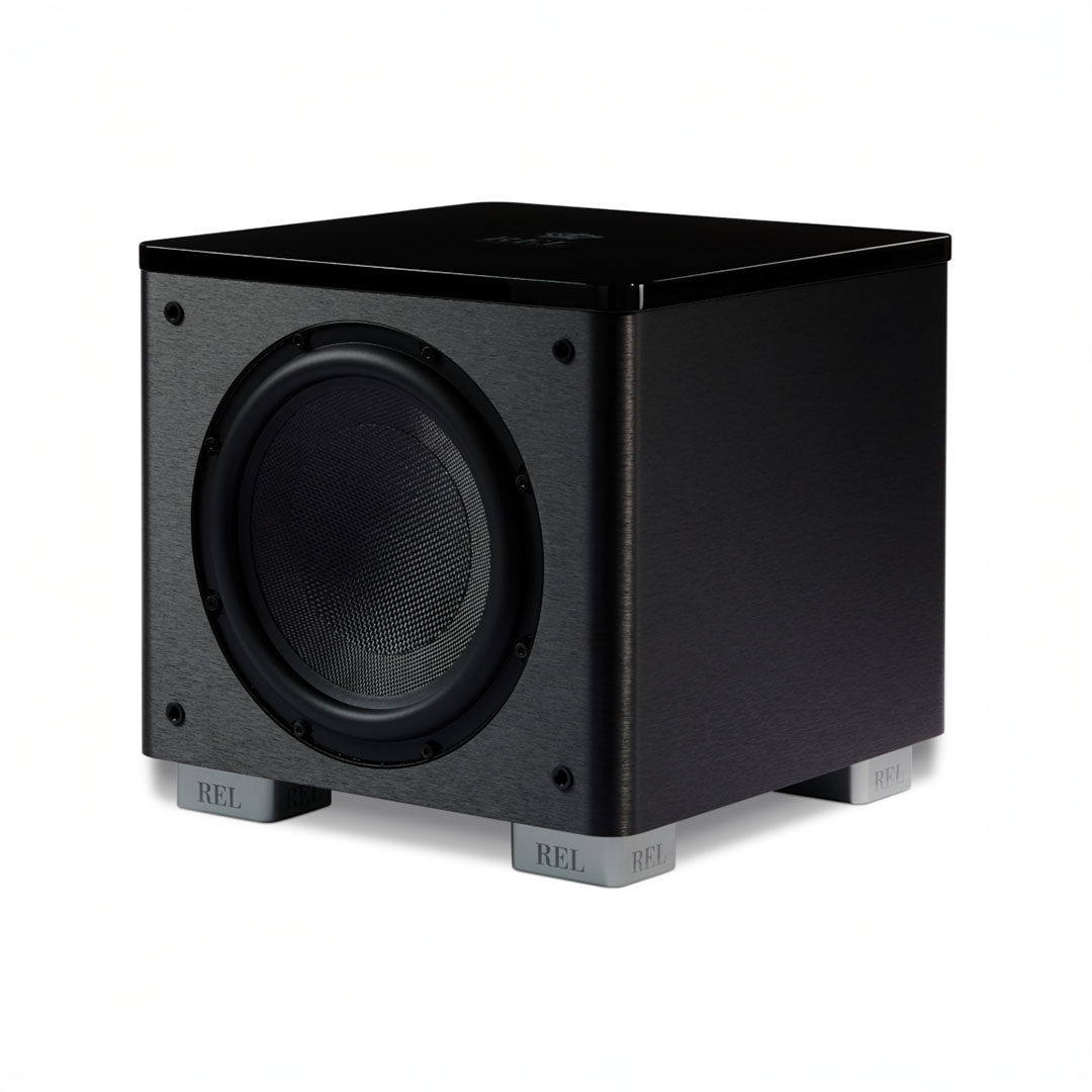 Black subwoofer speaker on white background