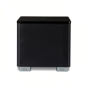 Black subwoofer with a sleek design