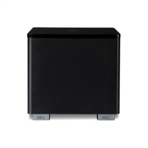 Black subwoofer speaker on white background.