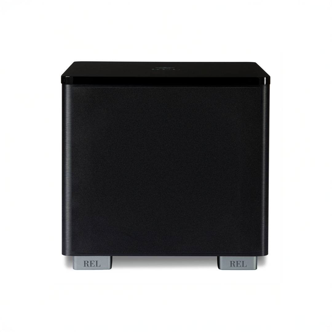 Black subwoofer speaker on white background.