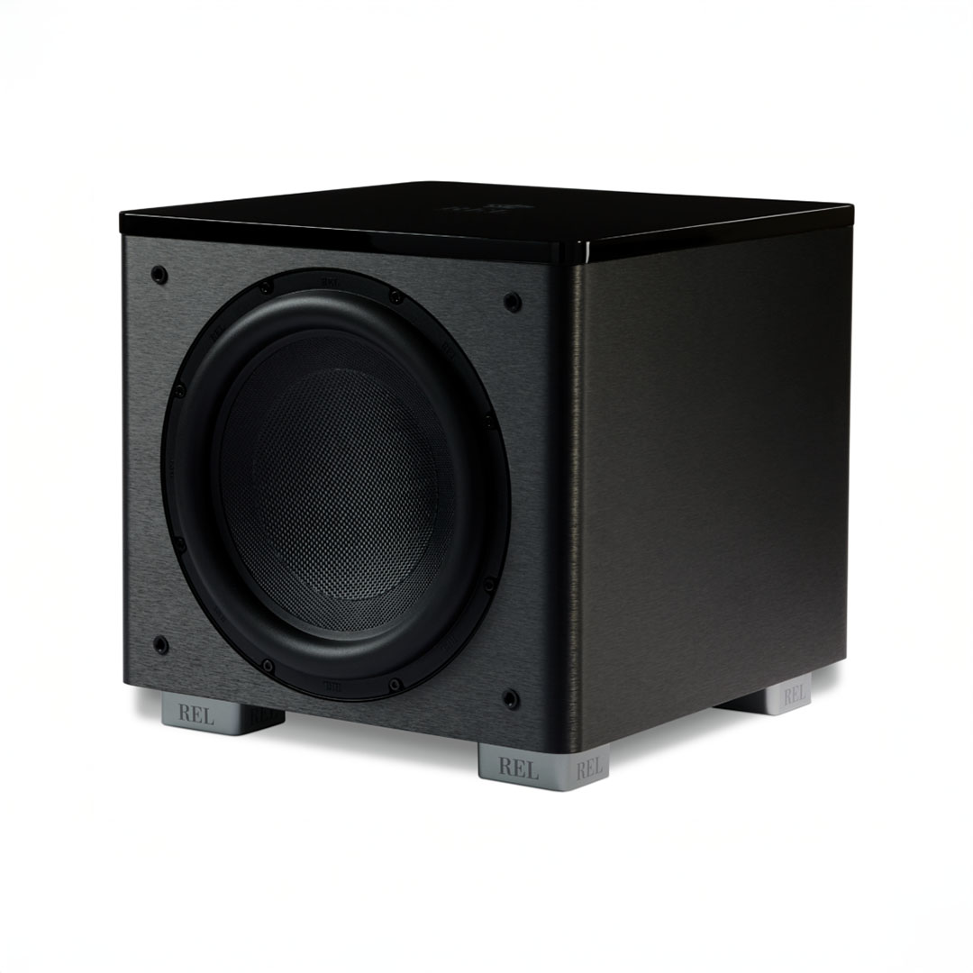 Black subwoofer speaker with gray detailing