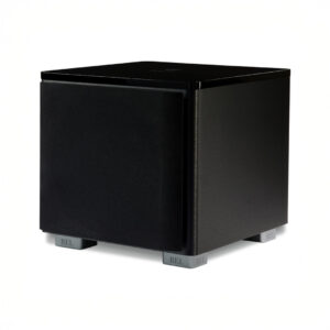 Black REL subwoofer on a white background.