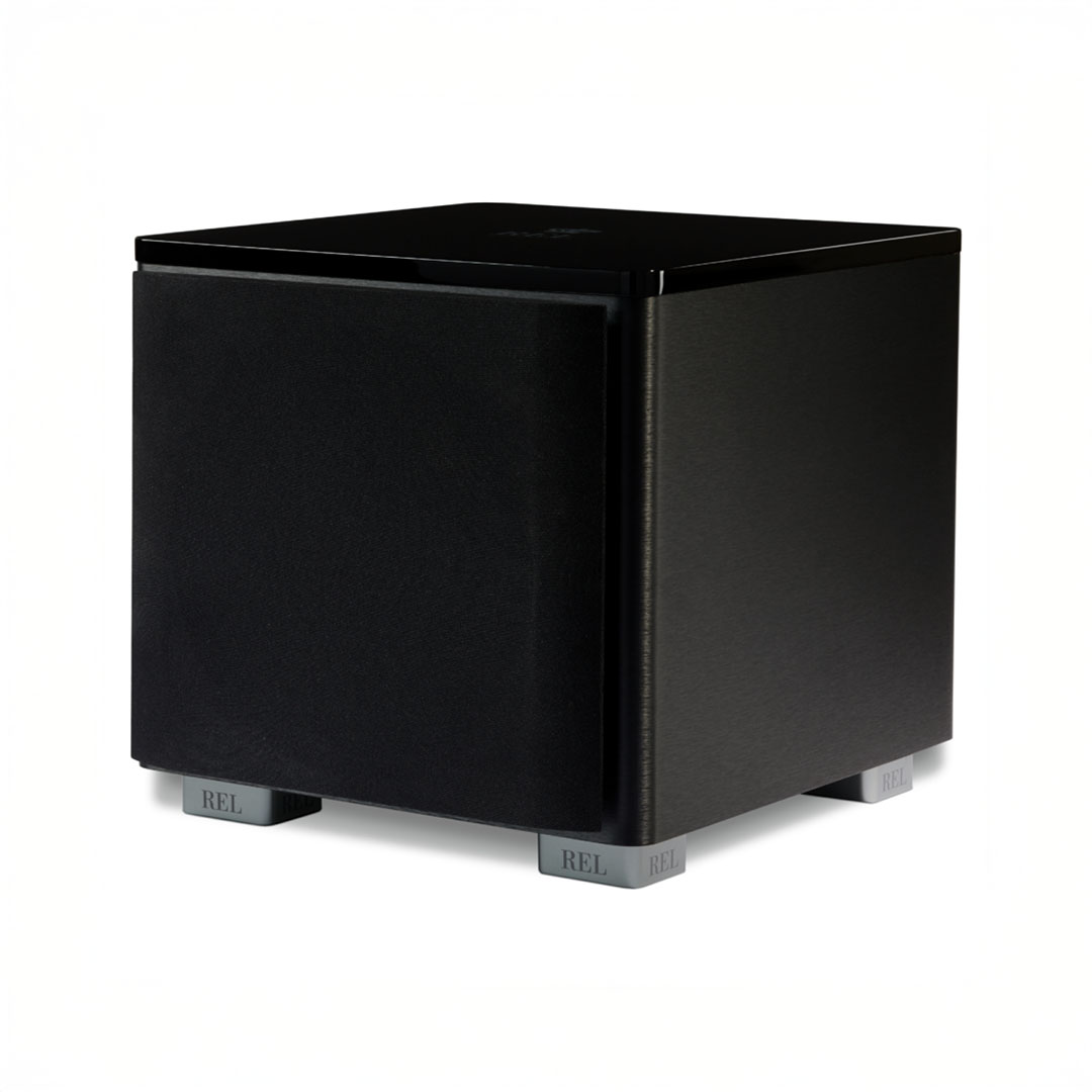 Black REL subwoofer on a white background.