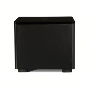 Black cube-shaped speaker on white background
