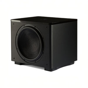 Black subwoofer speaker with front-facing driver
