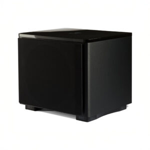 Black subwoofer speaker on white background