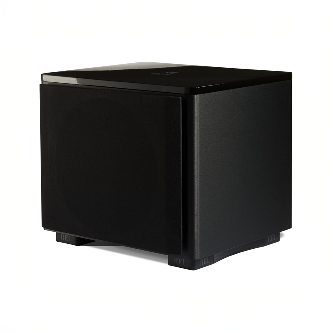 Black subwoofer speaker on white background