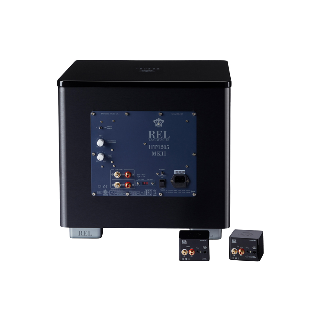 REL subwoofer with rear panel and connections.