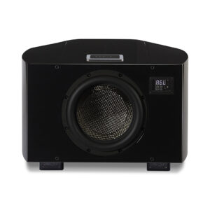 Black subwoofer speaker with digital display.