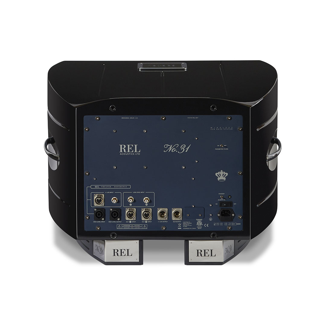 REL subwoofer back panel with connection ports.