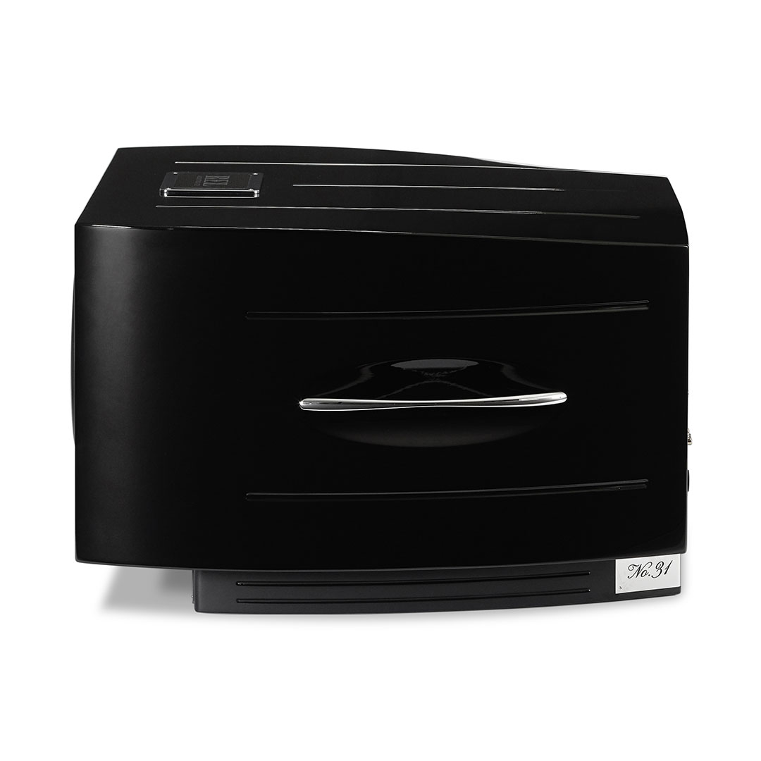 Black modern countertop oven with sleek design.