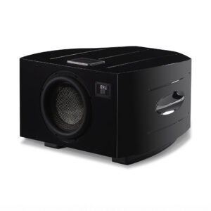 Black subwoofer with digital display and handle