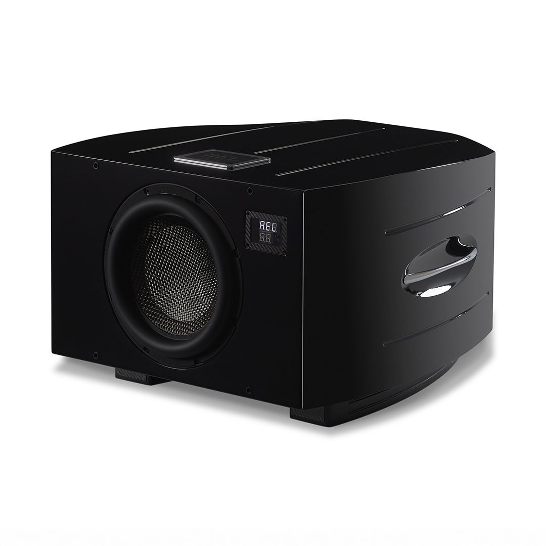 Black subwoofer with digital display and handle