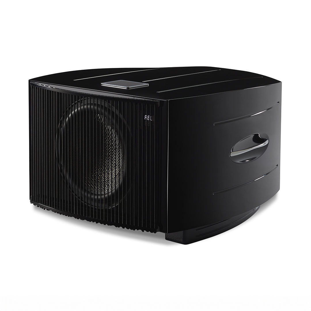 Black modern subwoofer speaker on white background