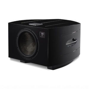 High-performance black subwoofer with digital display screen.