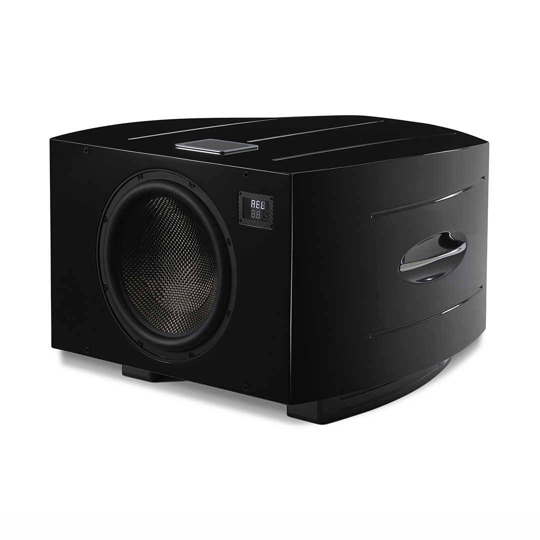 High-performance black subwoofer with digital display screen.