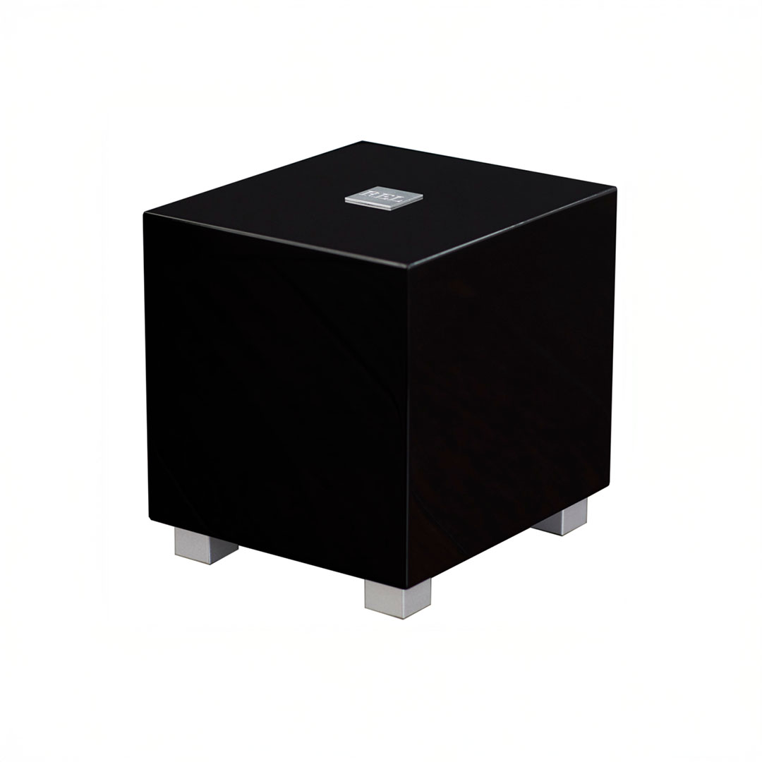 Black cube subwoofer with silver feet.