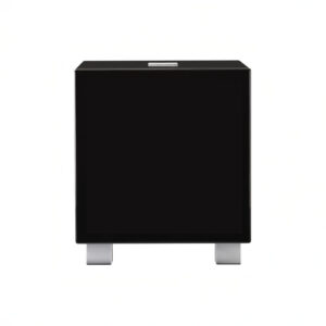 Black cube-shaped modern subwoofer with silver legs.