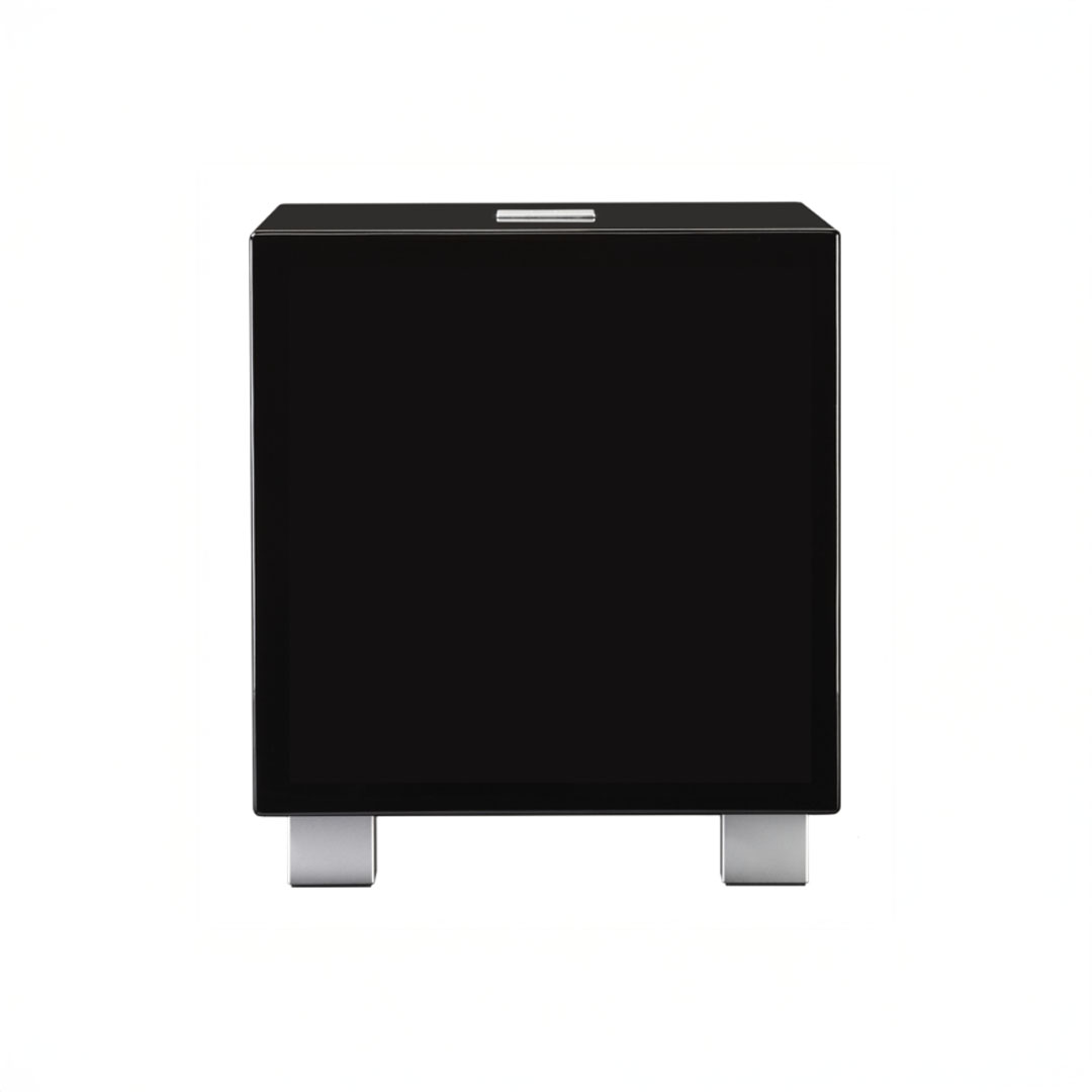 Black cube-shaped modern subwoofer with silver legs.