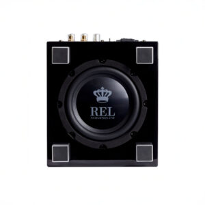 REL Acoustics subwoofer with logo on front view.