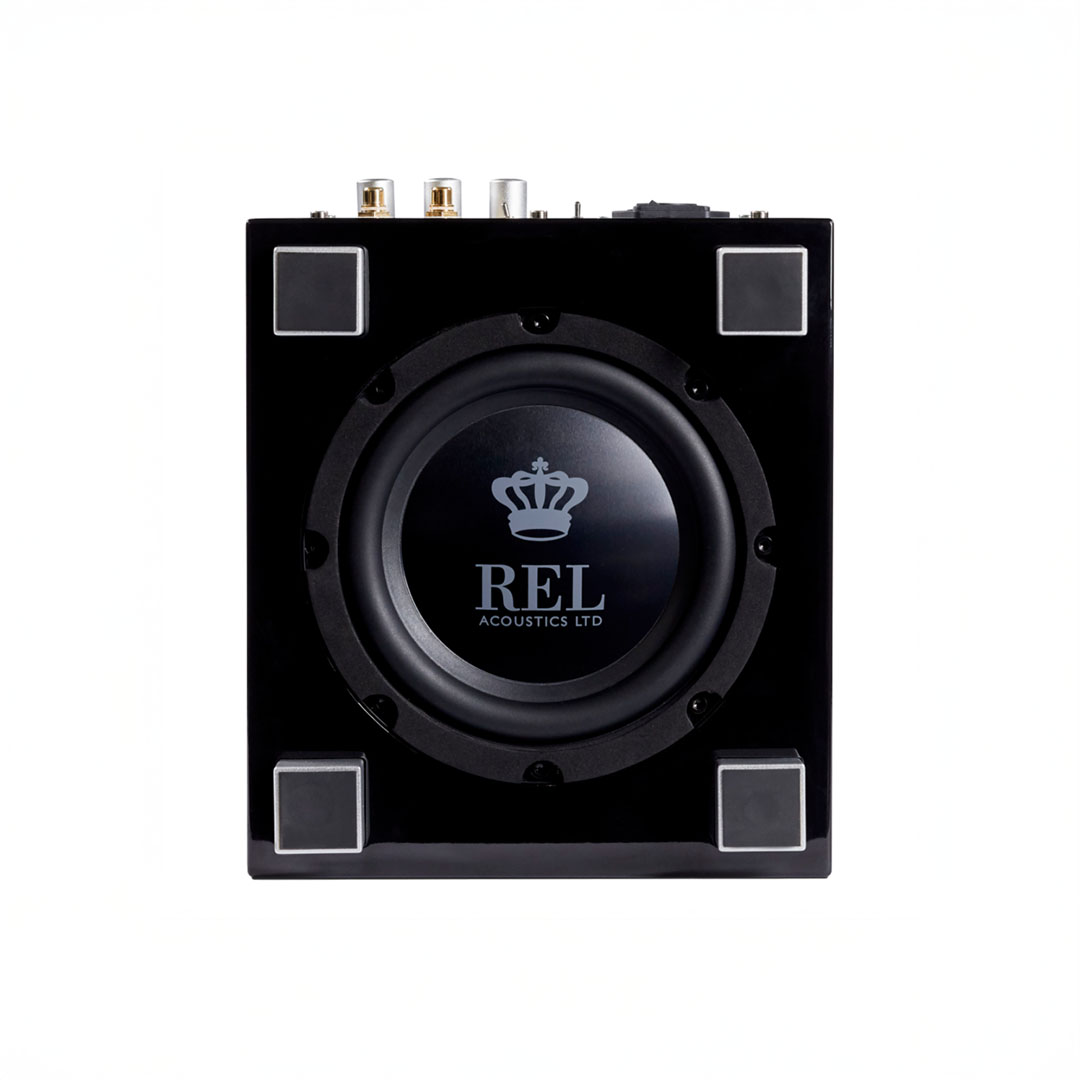 REL Acoustics subwoofer with logo on front view.