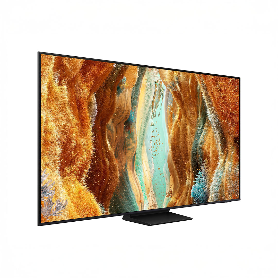 Modern flat-screen TV with abstract art display.