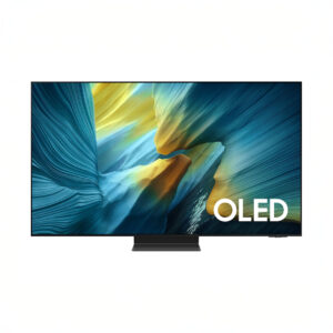 Modern OLED TV display with colorful abstract art