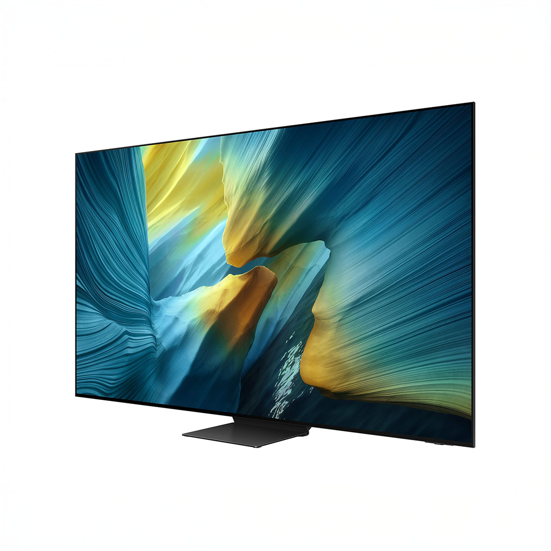 Modern flat-screen TV with vibrant abstract display.