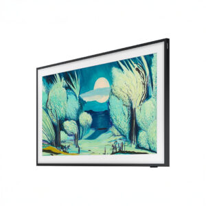 Framed abstract landscape painting with trees and moon.
