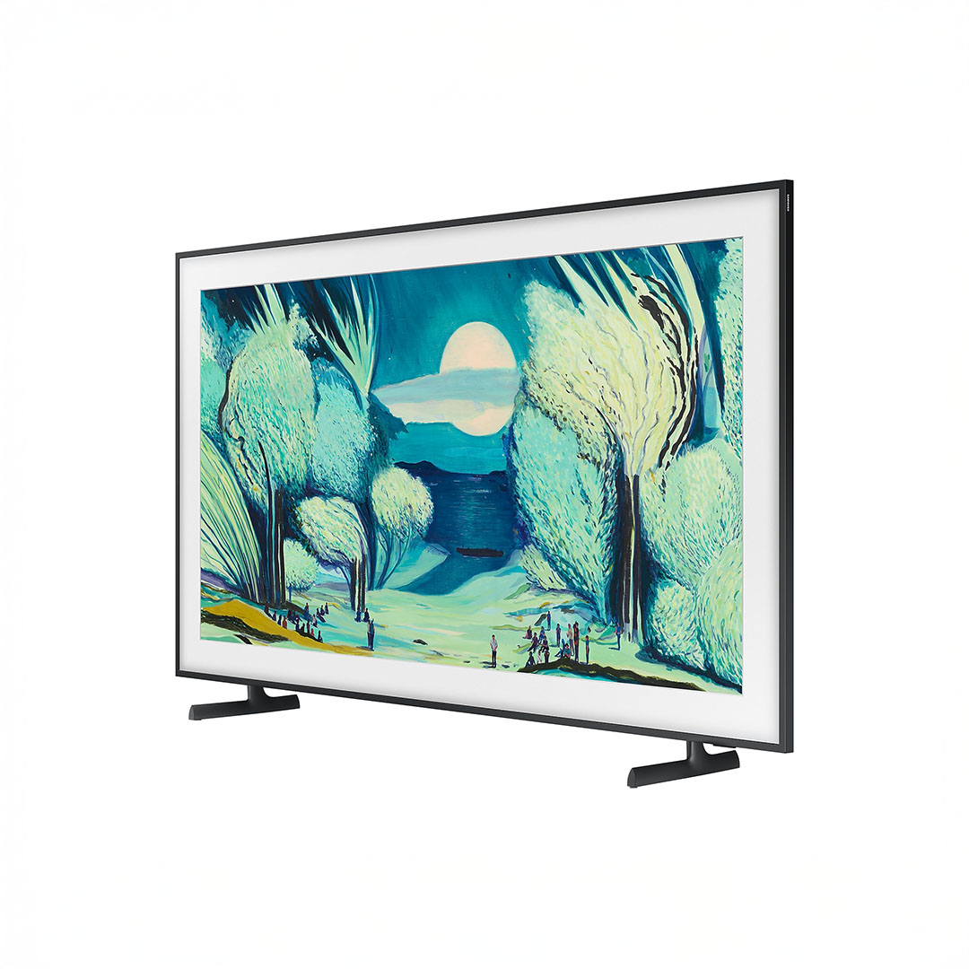 Modern TV displaying abstract landscape art in blue tones