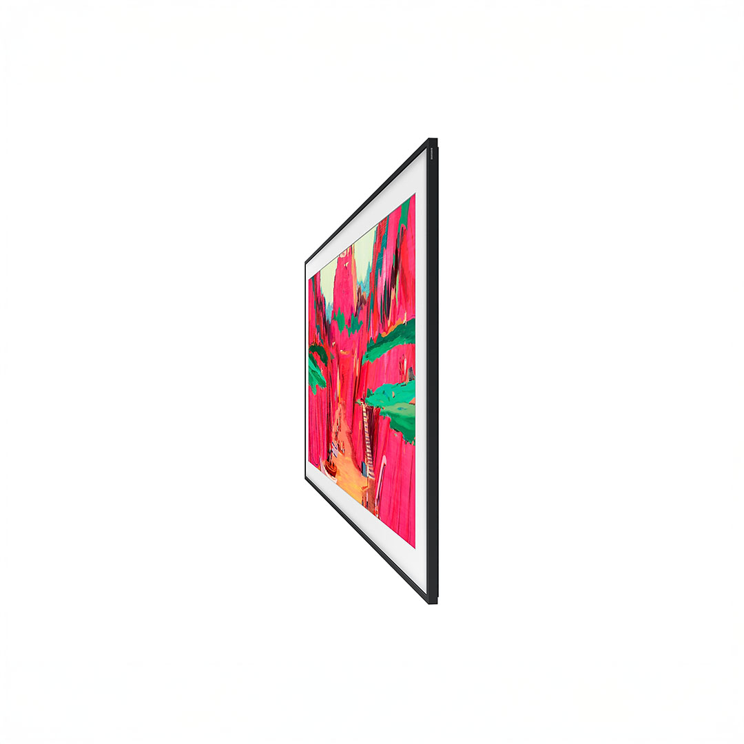 Side view of vibrant framed artwork on wall.
