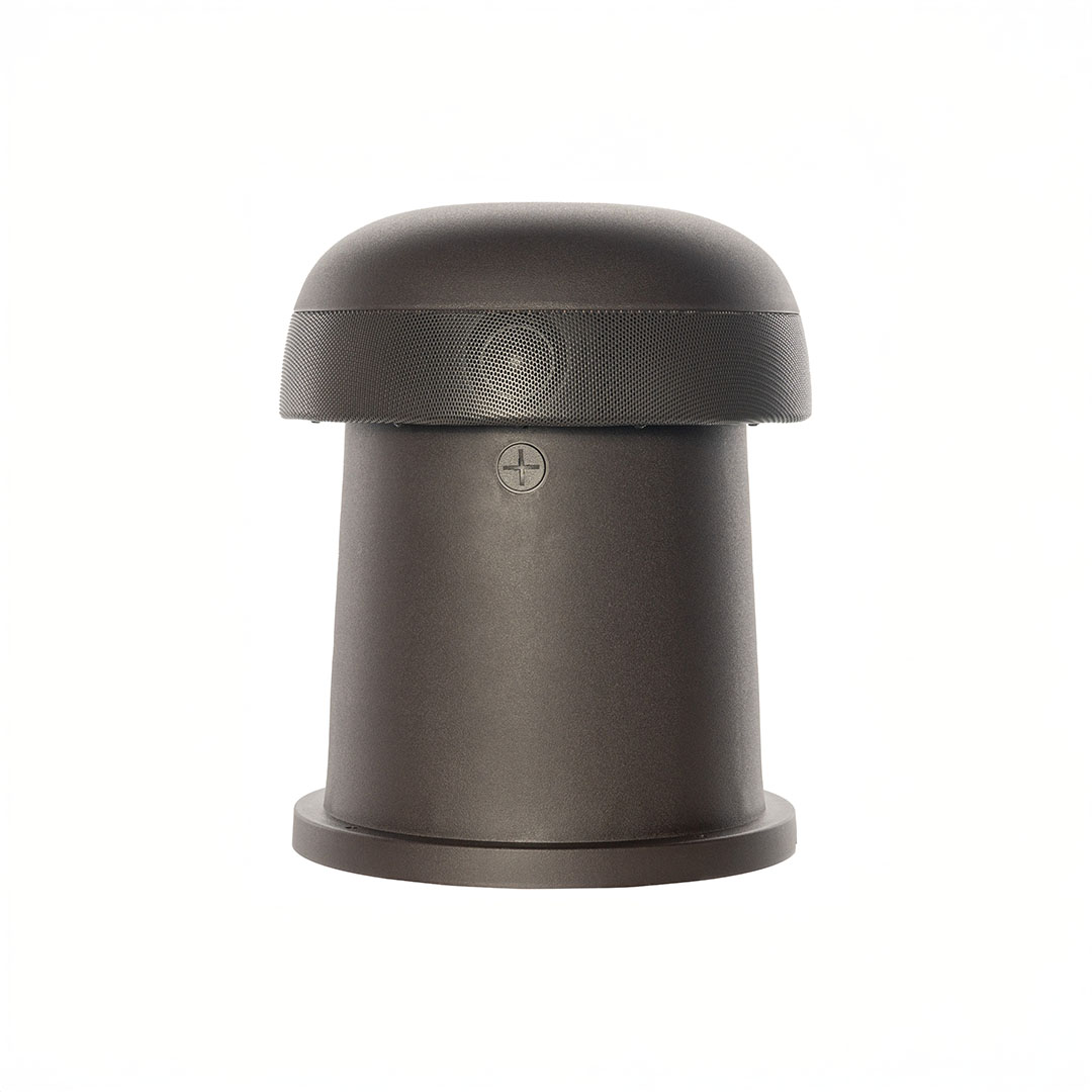 Black cylindrical outdoor speaker on white background.