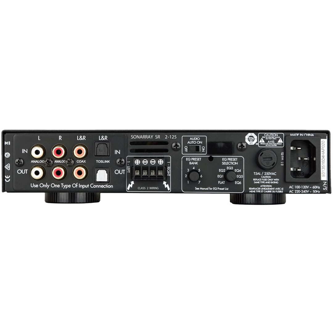 Back view of audio amplifier with input connections.