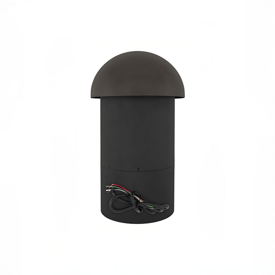 Outdoor bollard light fixture with exposed wiring.