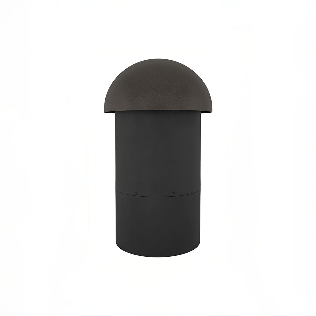 Black outdoor bollard light fixture on white background.
