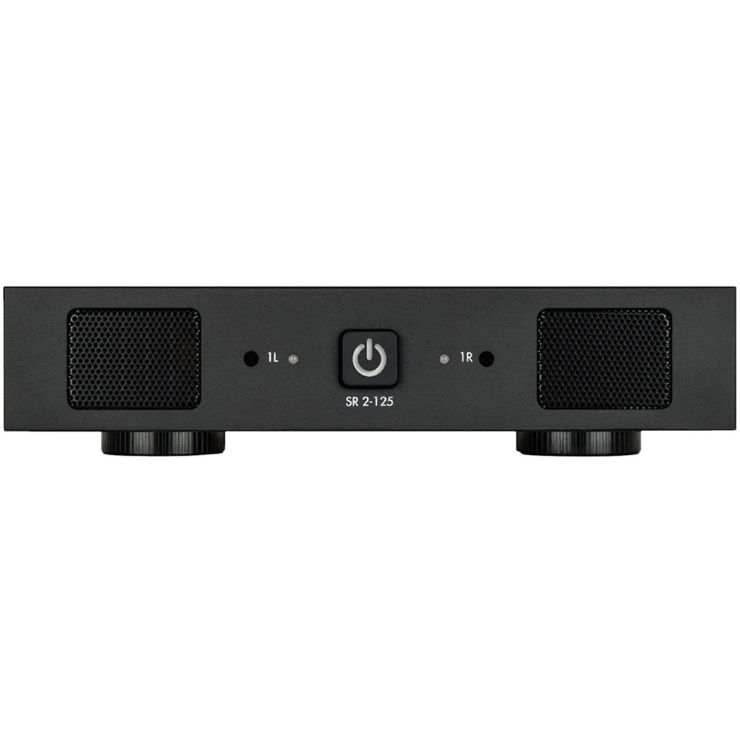 Black stereo audio amplifier front view