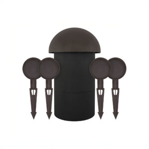 Outdoor landscape speaker system with subwoofer and satellites.