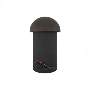 Outdoor bollard light with dome top and wires.